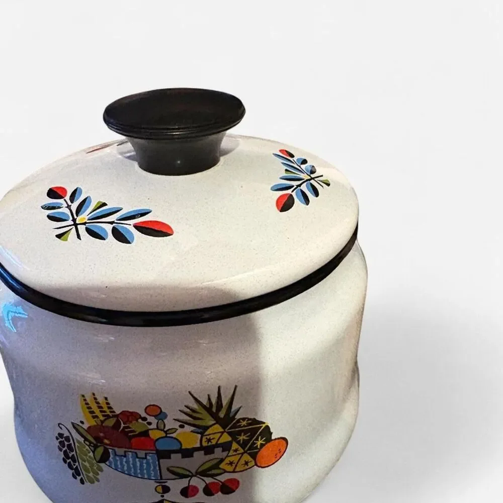 Vintage Retro White enamel tea kettle with fruit basket